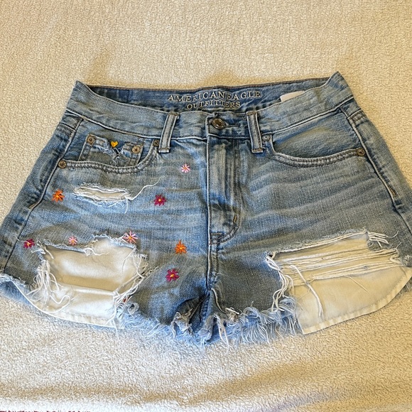 American Eagle Outfitters Pants - American Eagle Outfitters Distressed Blue Jean Shorts with Floral Embroidery